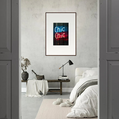 Framed neon sign wall art ’Chic Chic’ in blue and red for stylish room decor