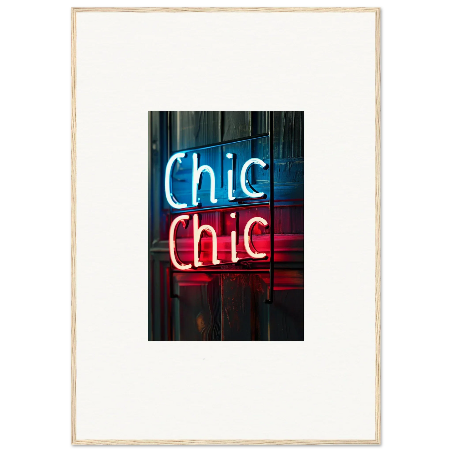 Neon sign of Chic Chic in blue and red, perfect for room decor or framed wall art