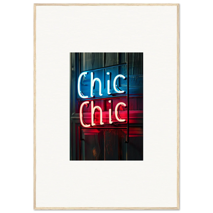 Neon sign of Chic Chic in blue and red, perfect for room decor or framed wall art