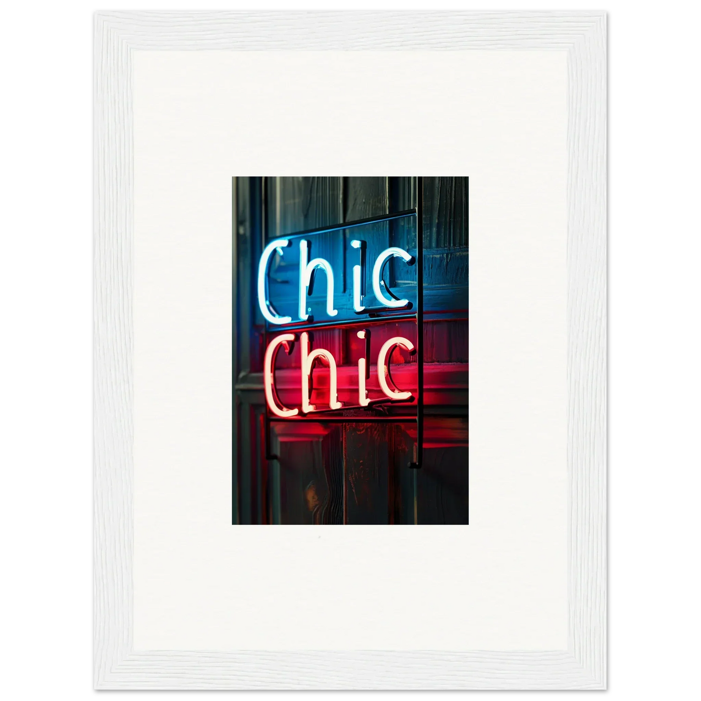 Neon sign Chic Chic in blue and red enhancing room decor as framed wall art