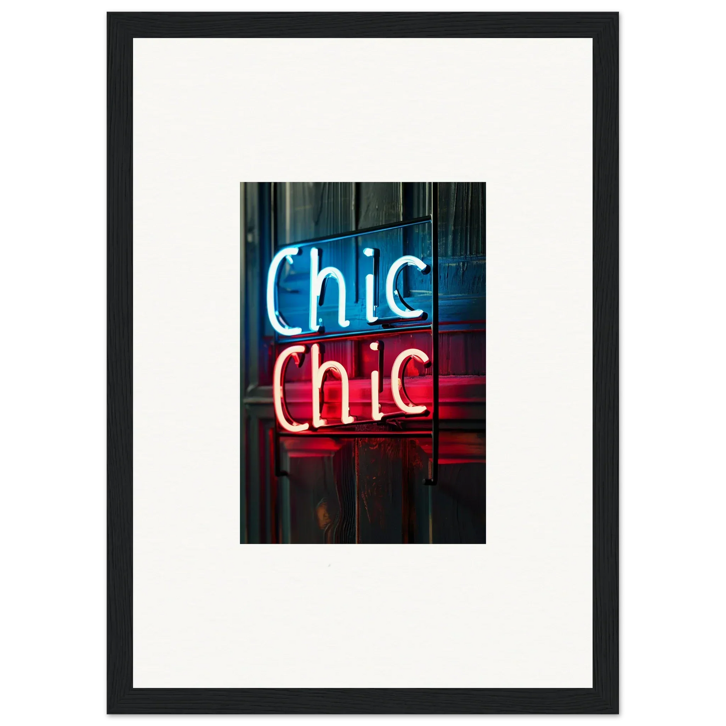 Neon sign Chic Chic in blue and red for modern room decor and framed wall art