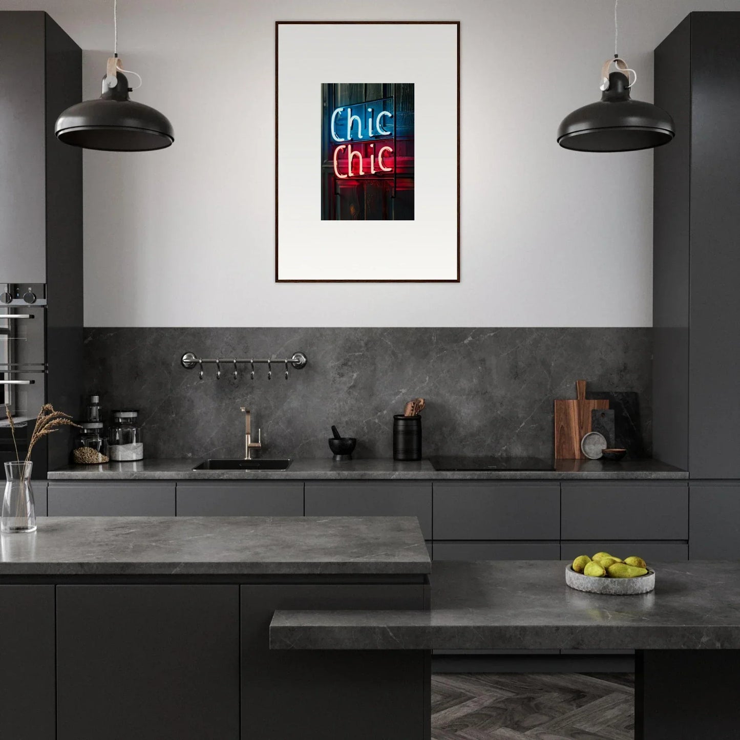 Modern dark kitchen with neon Chic Chic sign as framed wall art and stylish room decor