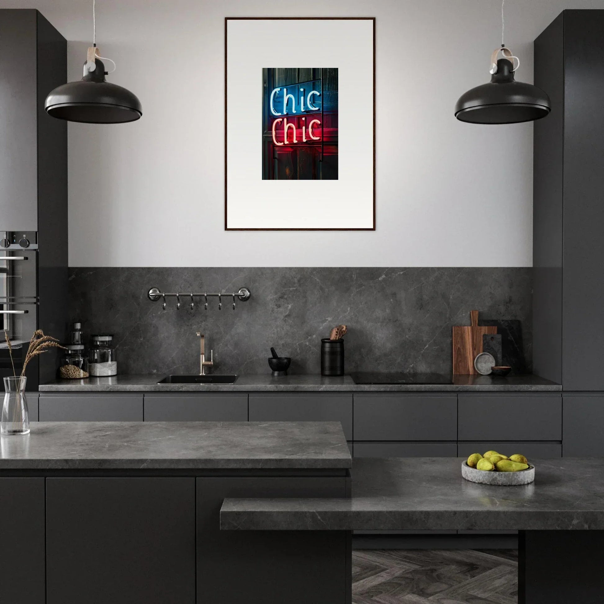 Modern dark kitchen with neon Chic Chic sign as framed wall art and stylish room decor