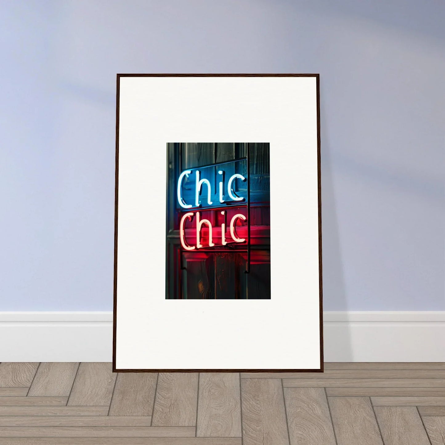 Framed photograph of Chic Chic neon sign, perfect for modern room decor and wall art