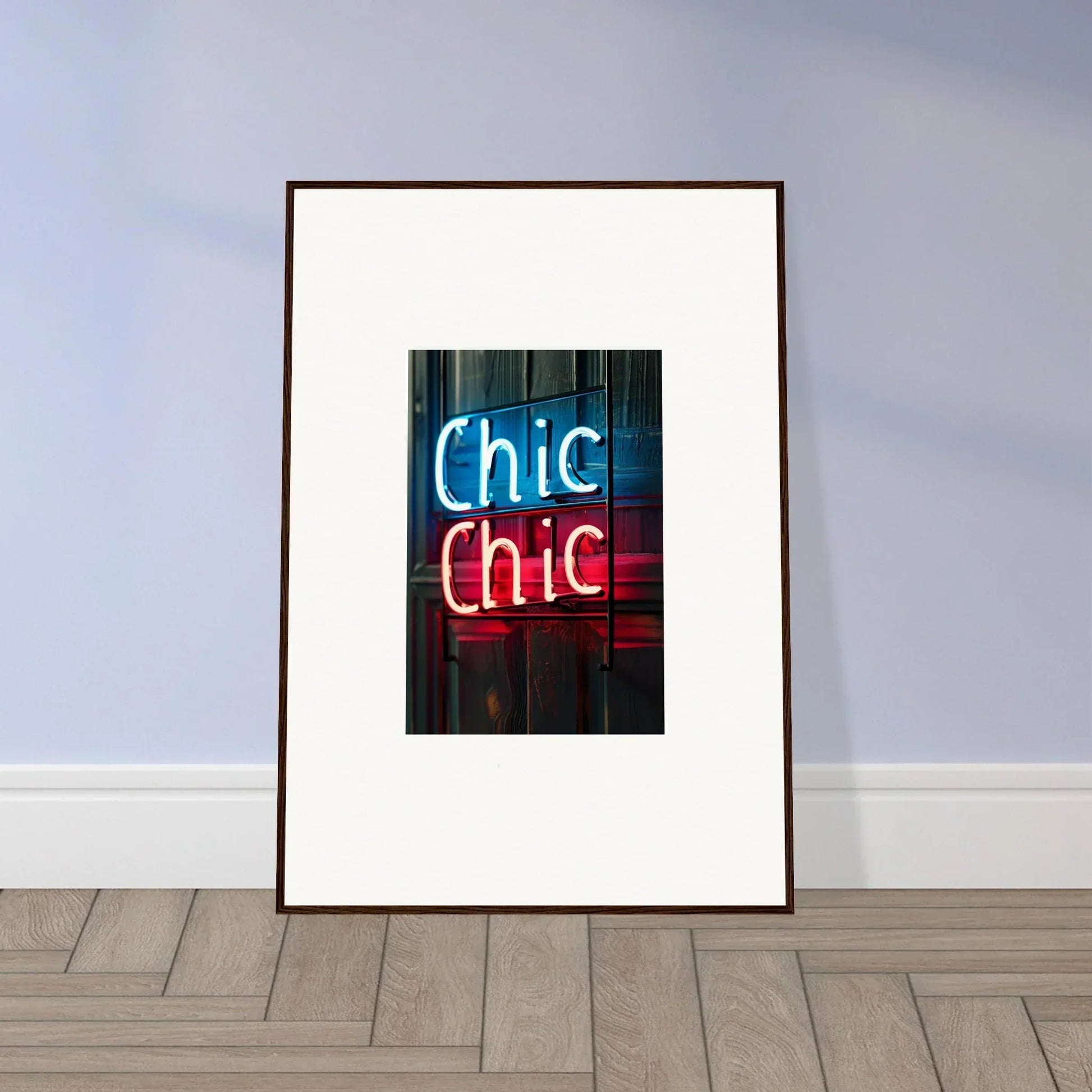 Framed photograph of Chic Chic neon sign, perfect for modern room decor and wall art