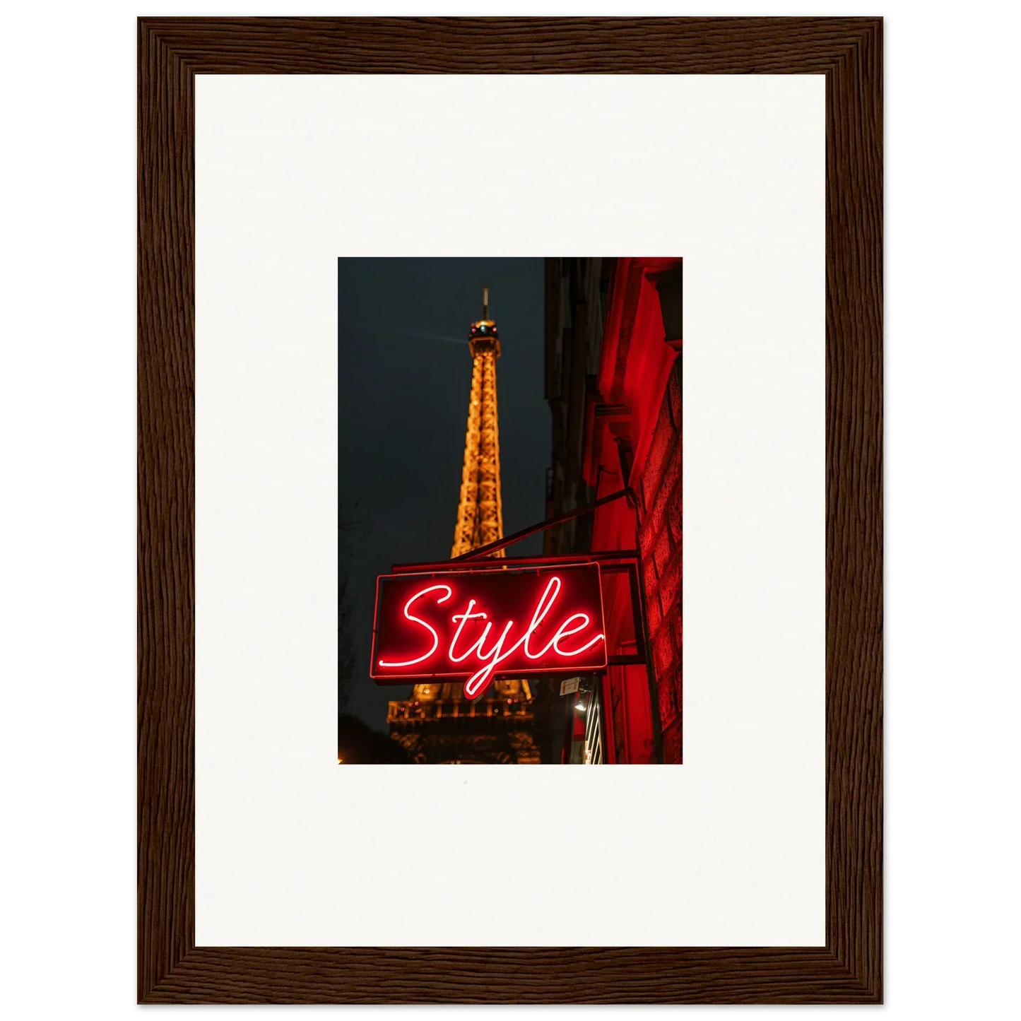 Framed Eiffel Tower night photo with neon Style sign, perfect wall art for room decoration