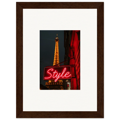 Framed Eiffel Tower night photo with neon Style sign, perfect wall art for room decoration