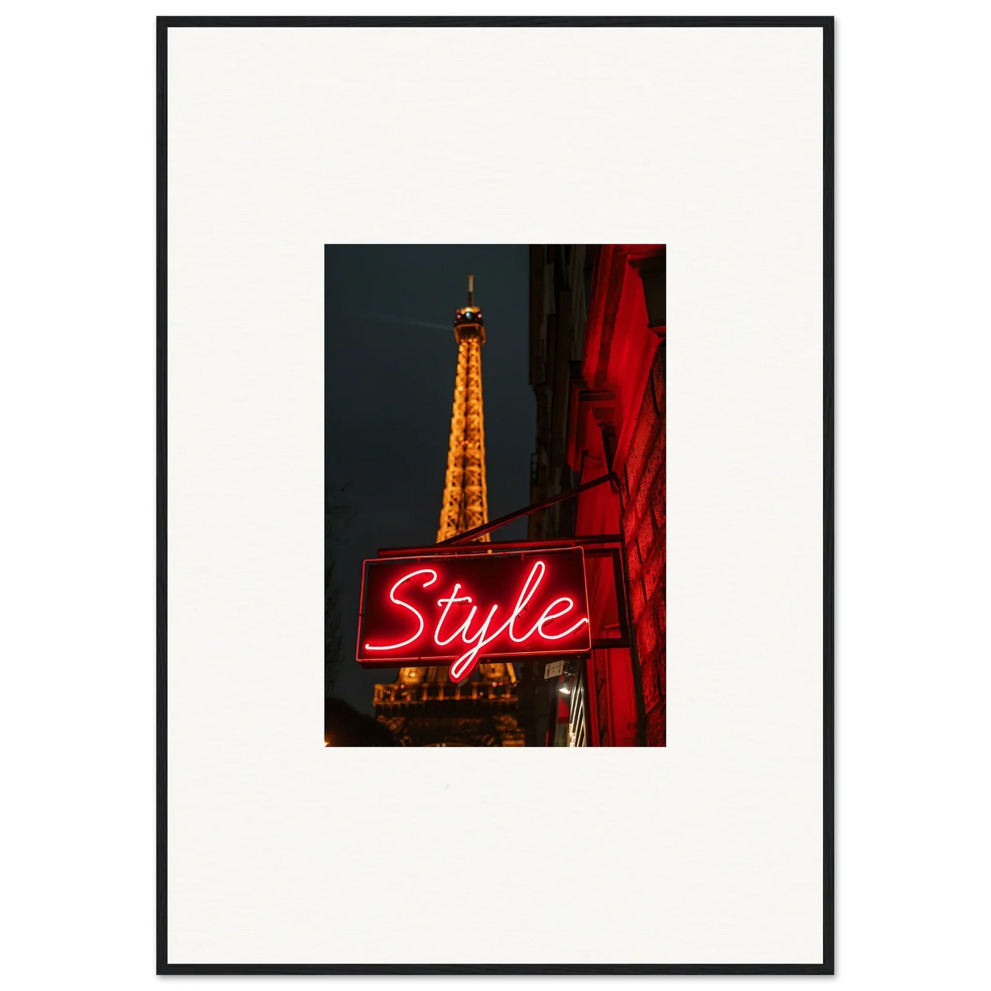 Eiffel Tower night photo with neon Style sign, perfect for room decoration wall art