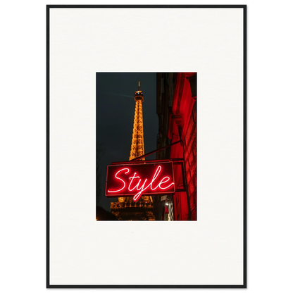 Eiffel Tower night photo with neon Style sign, perfect for room decoration wall art