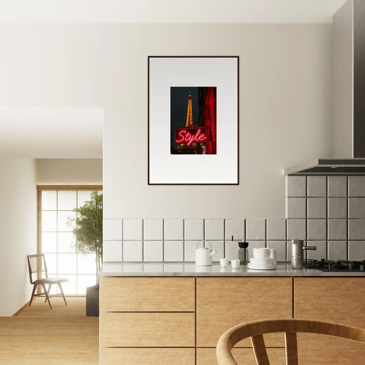 Framed canvas print of the Eiffel Tower with a neon Style sign for room decoration