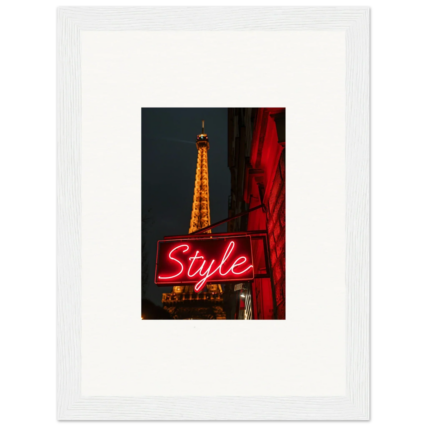 Framed night photo of the Eiffel Tower with neon Style sign, perfect wall art for room decoration