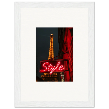 Framed night photo of the Eiffel Tower with neon Style sign, perfect wall art for room decoration