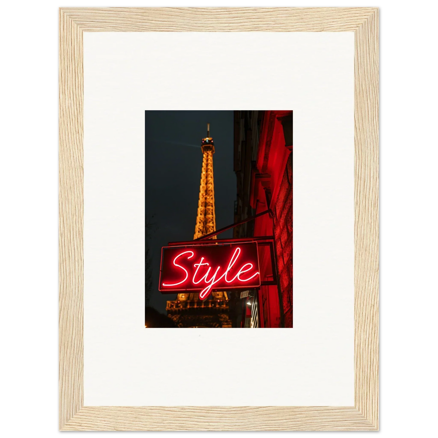 Framed Eiffel Tower photo at night with neon Style sign, perfect wall art for room decoration