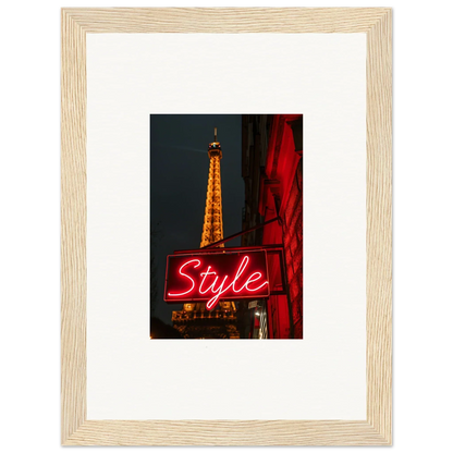 Framed Eiffel Tower photo at night with neon Style sign, perfect wall art for room decoration