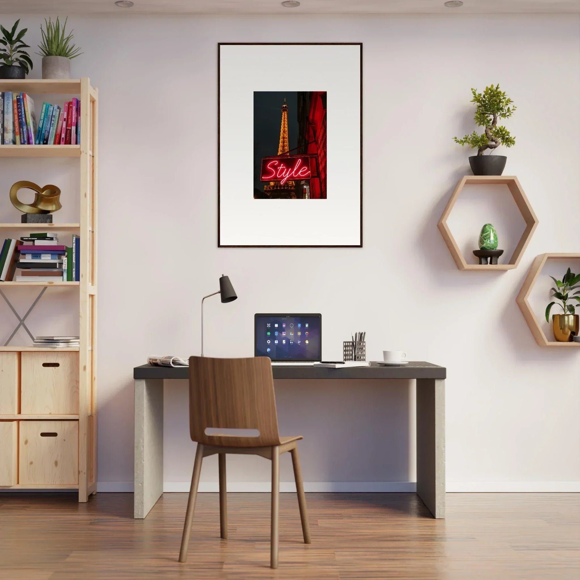 Modern home office setup featuring stylish desk, chair, and chic wall art for room decoration