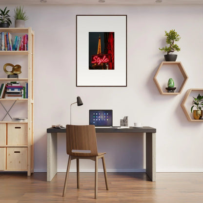 Modern home office setup featuring stylish desk, chair, and chic wall art for room decoration