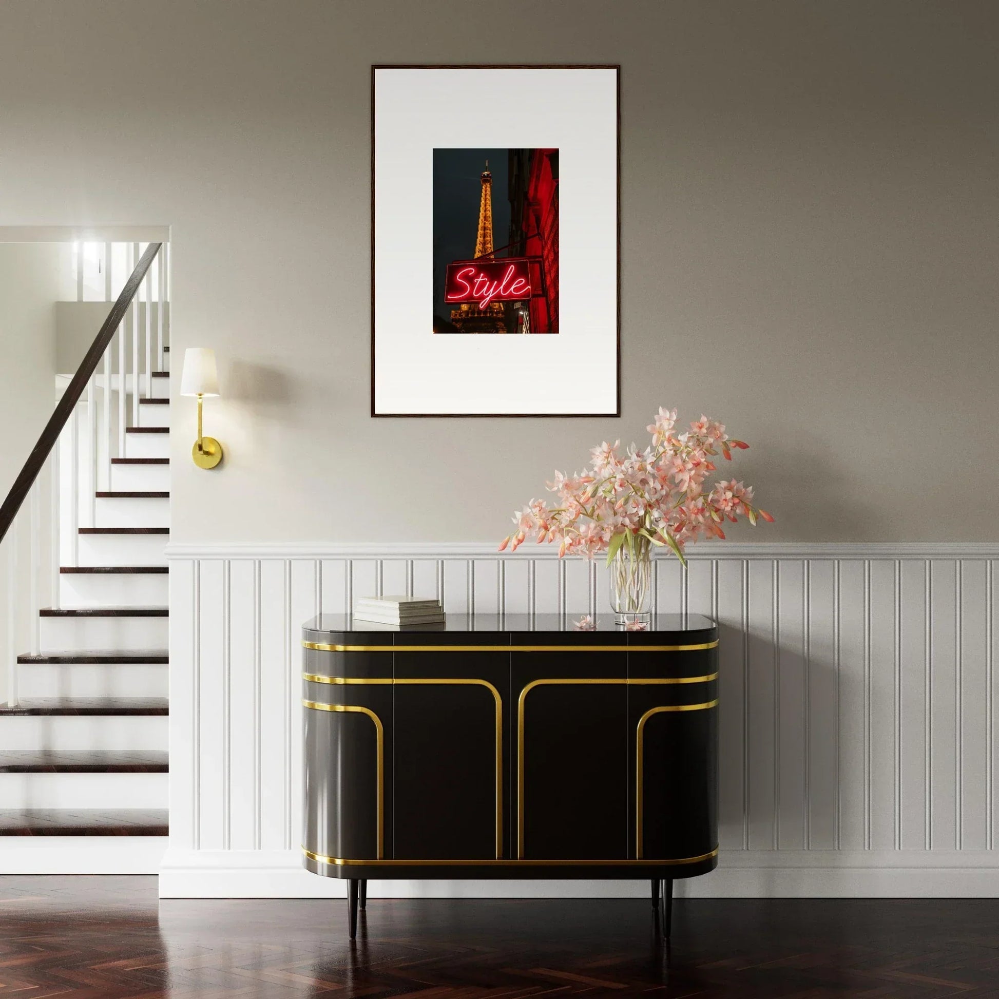 Elegant black sideboard with gold trim and pink flowers for chic room decoration