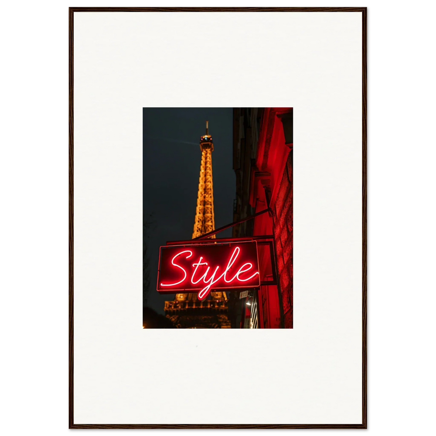 Framed wall art of the Eiffel Tower at night with a neon Style sign for chic room decoration