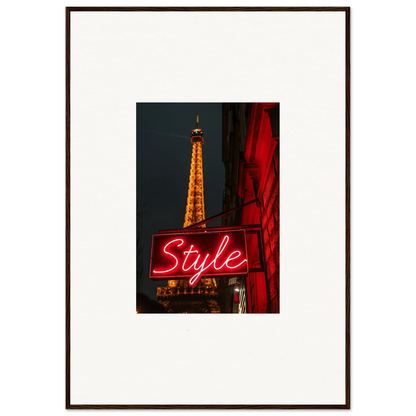 Framed wall art of the Eiffel Tower at night with a neon Style sign for chic room decoration