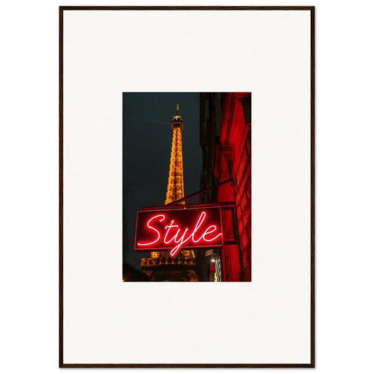 Framed wall art of the Eiffel Tower at night with a neon Style sign for chic room decoration