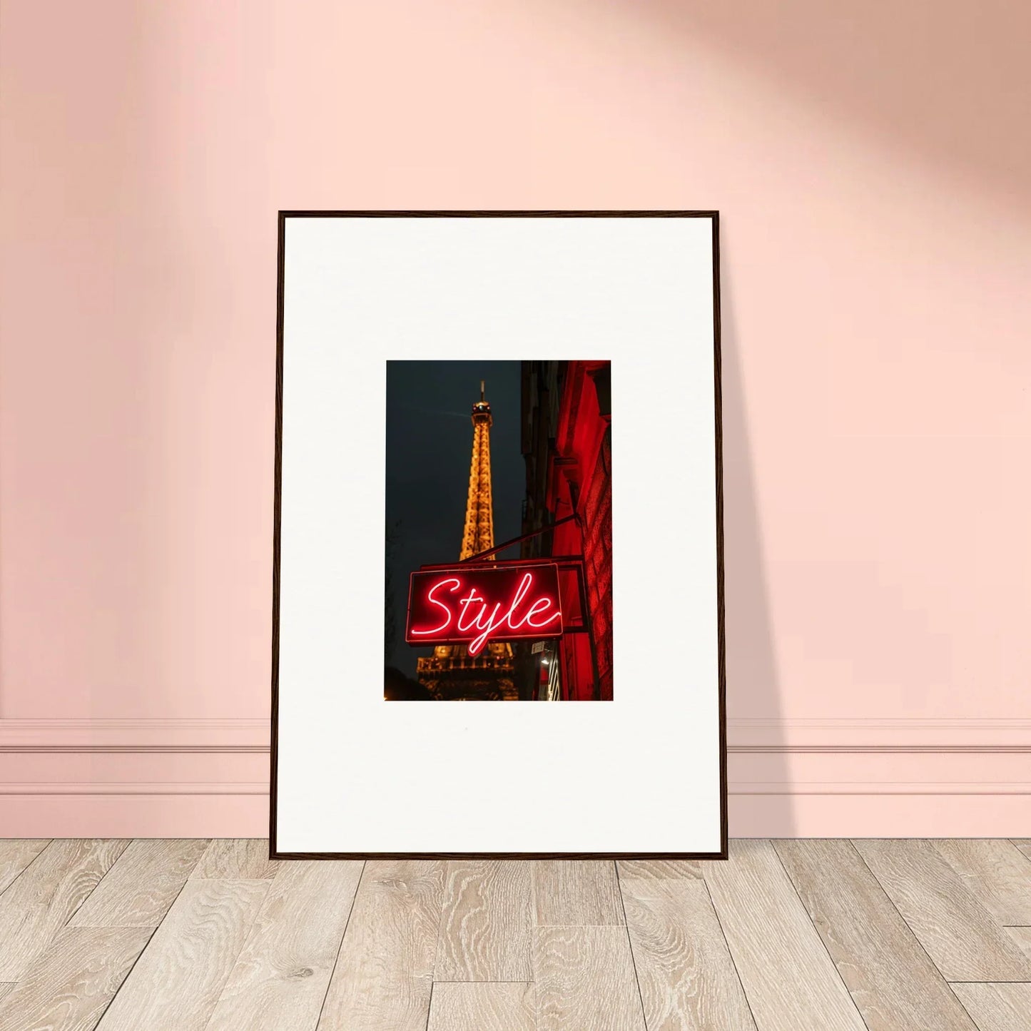 Framed Eiffel Tower photo with neon Style sign for stylish room decoration