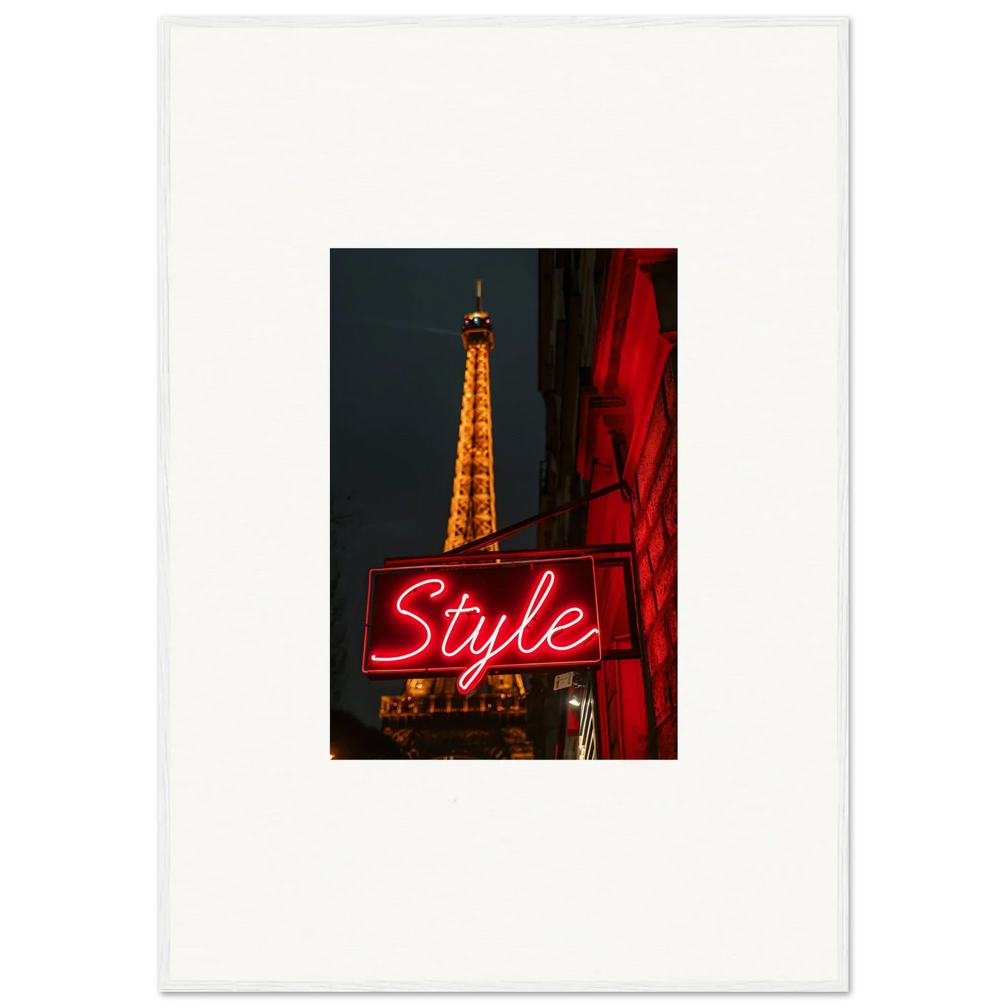 Neon Style sign with the Eiffel Tower at night, perfect for wall art or room decoration