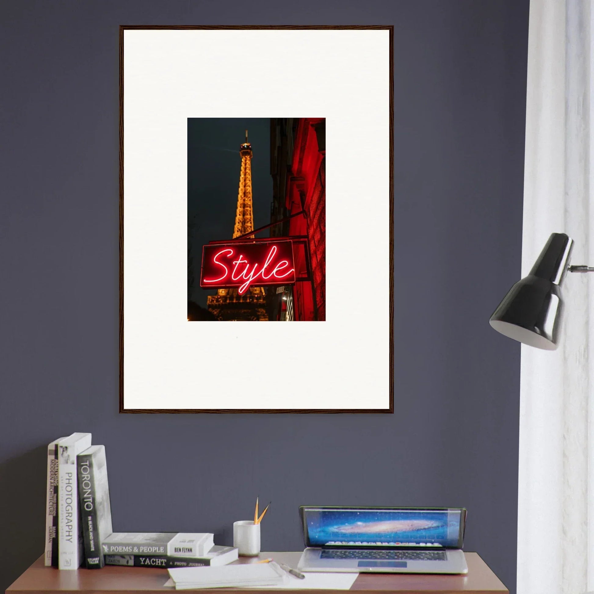 Framed Eiffel Tower photo with neon Style sign, perfect for chic room decoration