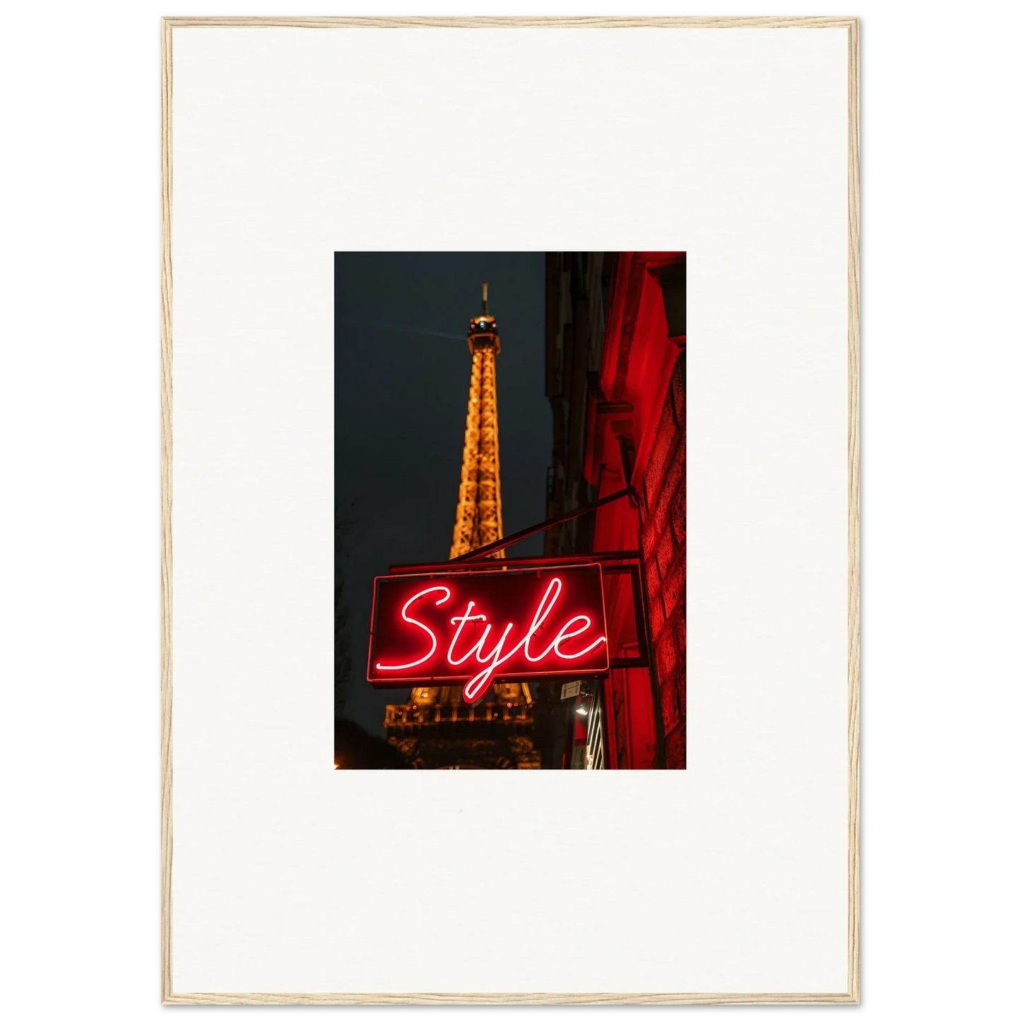 Framed Eiffel Tower night photo with neon Style sign, perfect wall art for room decoration