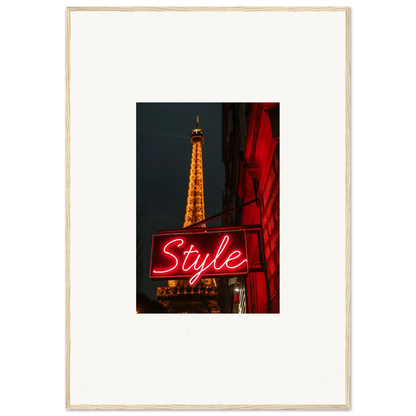 Framed Eiffel Tower night photo with neon Style sign, perfect wall art for room decoration