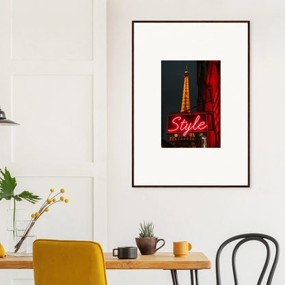 Framed Eiffel Tower night photo with neon Style sign for chic room decoration wall art