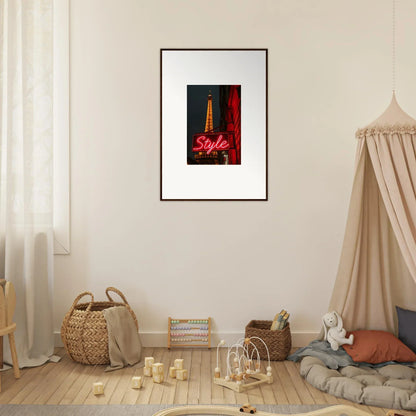 Framed canvas print of the Eiffel Tower with neon Style text for trendy room decoration