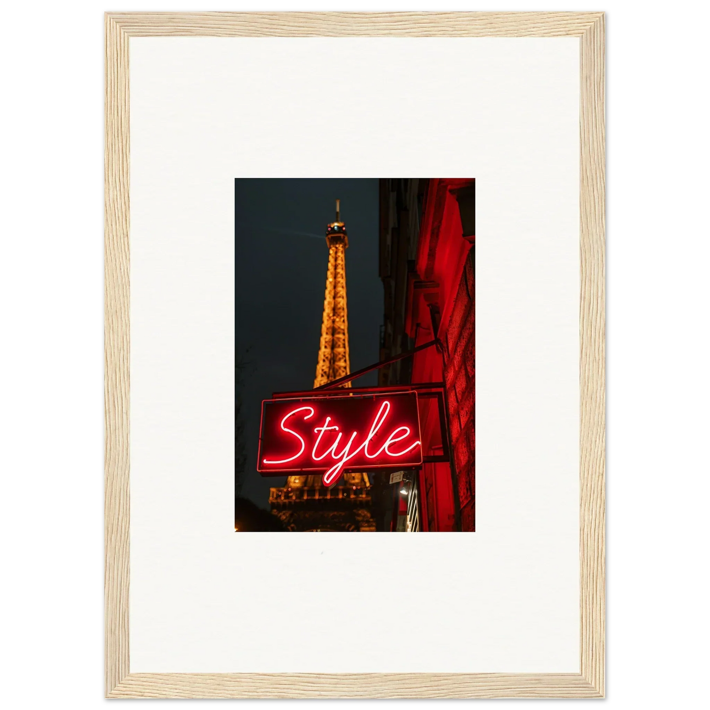 Framed wall art of the Eiffel Tower at night with neon Style sign for chic room decoration