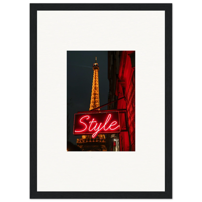 Framed photo of the Eiffel Tower at night, perfect wall art for chic room decoration