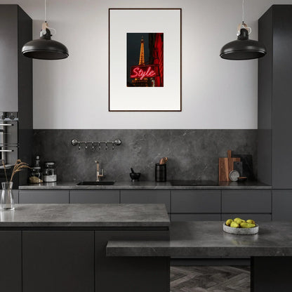 Modern kitchen with dark cabinetry and striking red wall art for chic room decoration