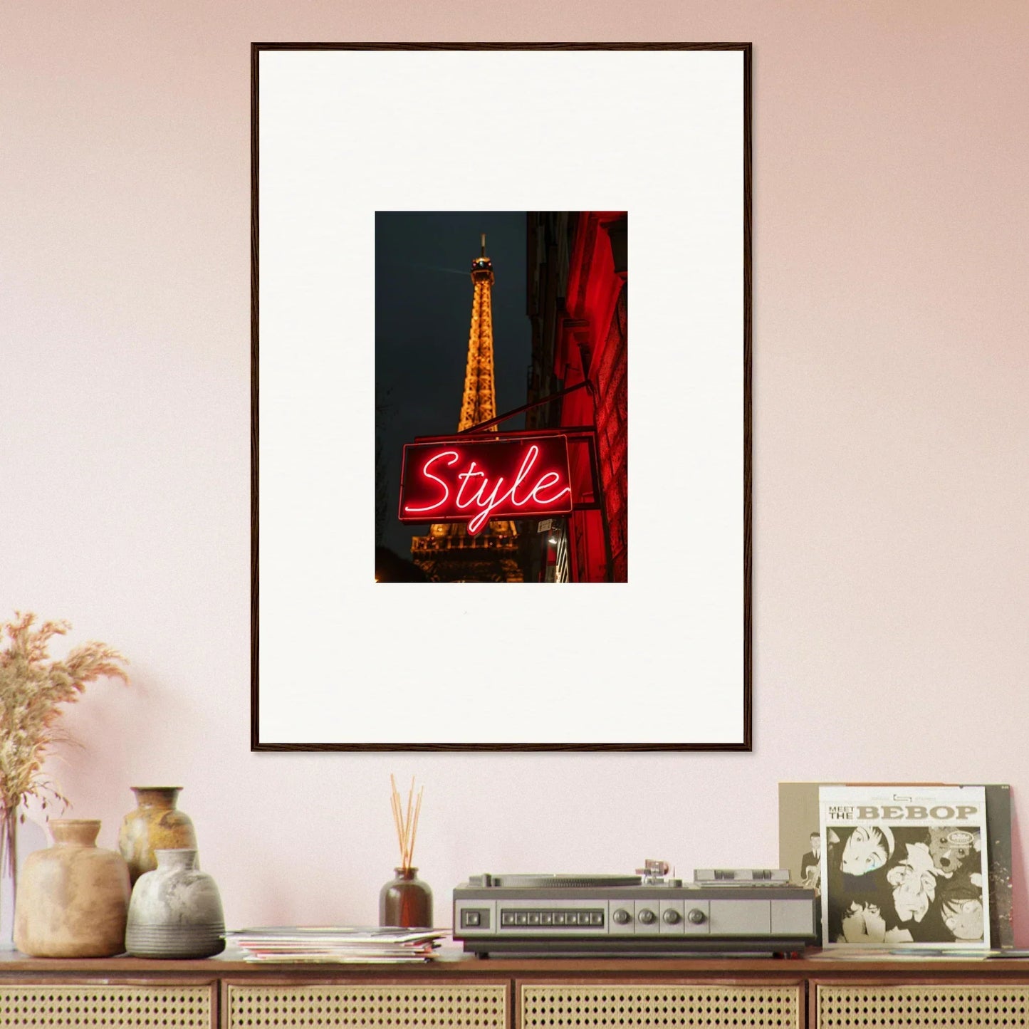 Framed Eiffel Tower photo with neon Style sign, perfect wall art for chic room decoration