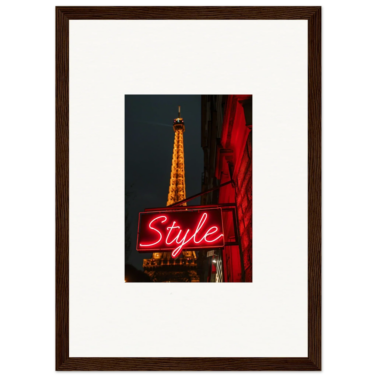 Framed wall art of the Eiffel Tower at night with neon Style sign for chic room decoration