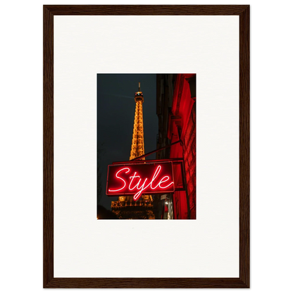 Framed wall art of the Eiffel Tower at night with neon Style sign for chic room decoration