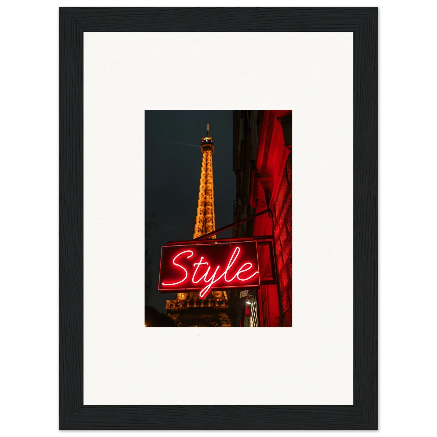 Framed wall art of the Eiffel Tower at night with a neon Style sign for room decoration