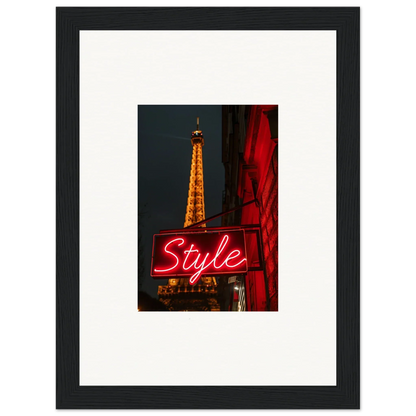 Framed wall art of the Eiffel Tower at night with a neon Style sign for room decoration