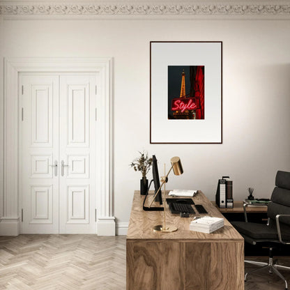 Minimalist workspace featuring a wooden desk with a typewriter and stylish room decoration