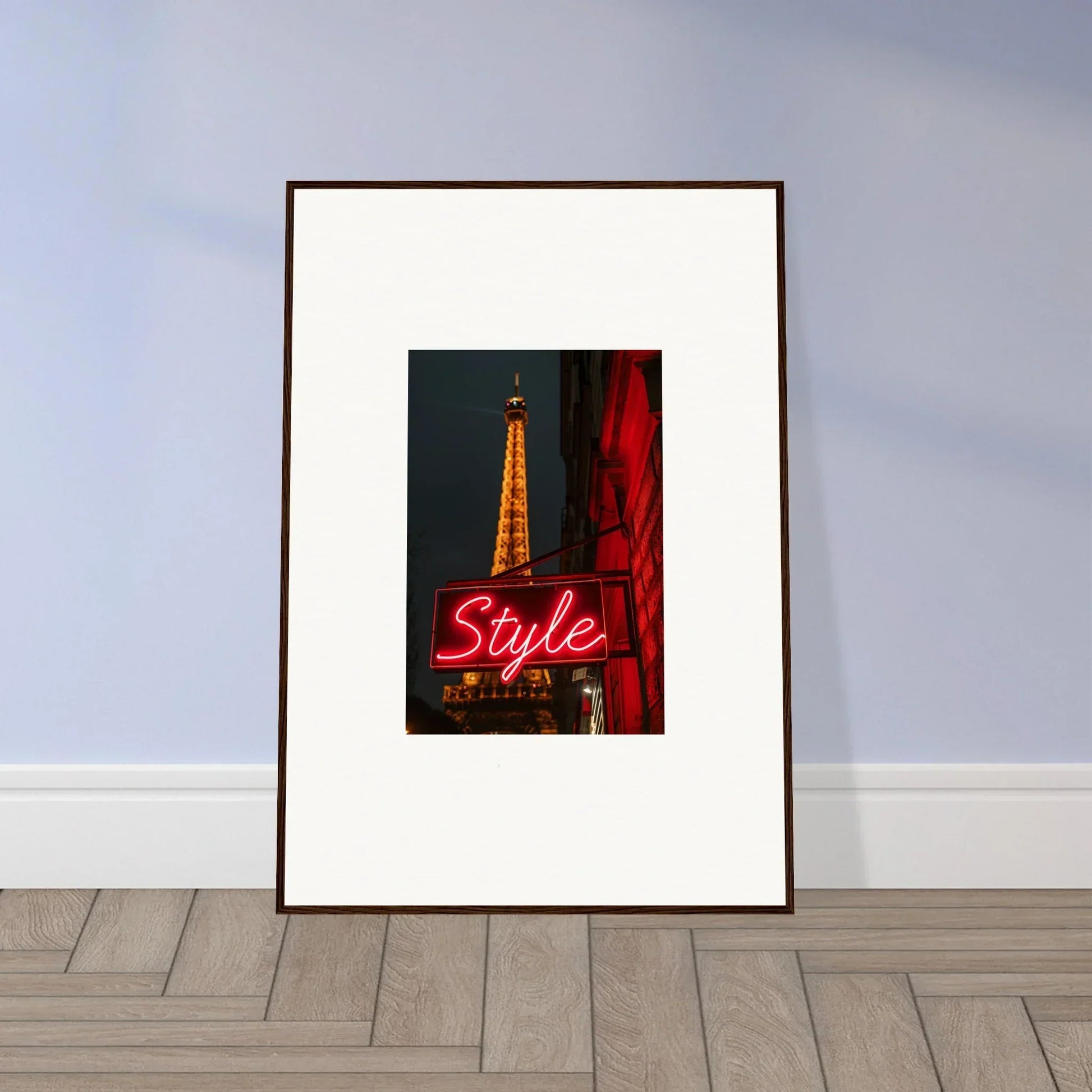 Framed Eiffel Tower photo with neon Style sign, perfect for room decoration wall art