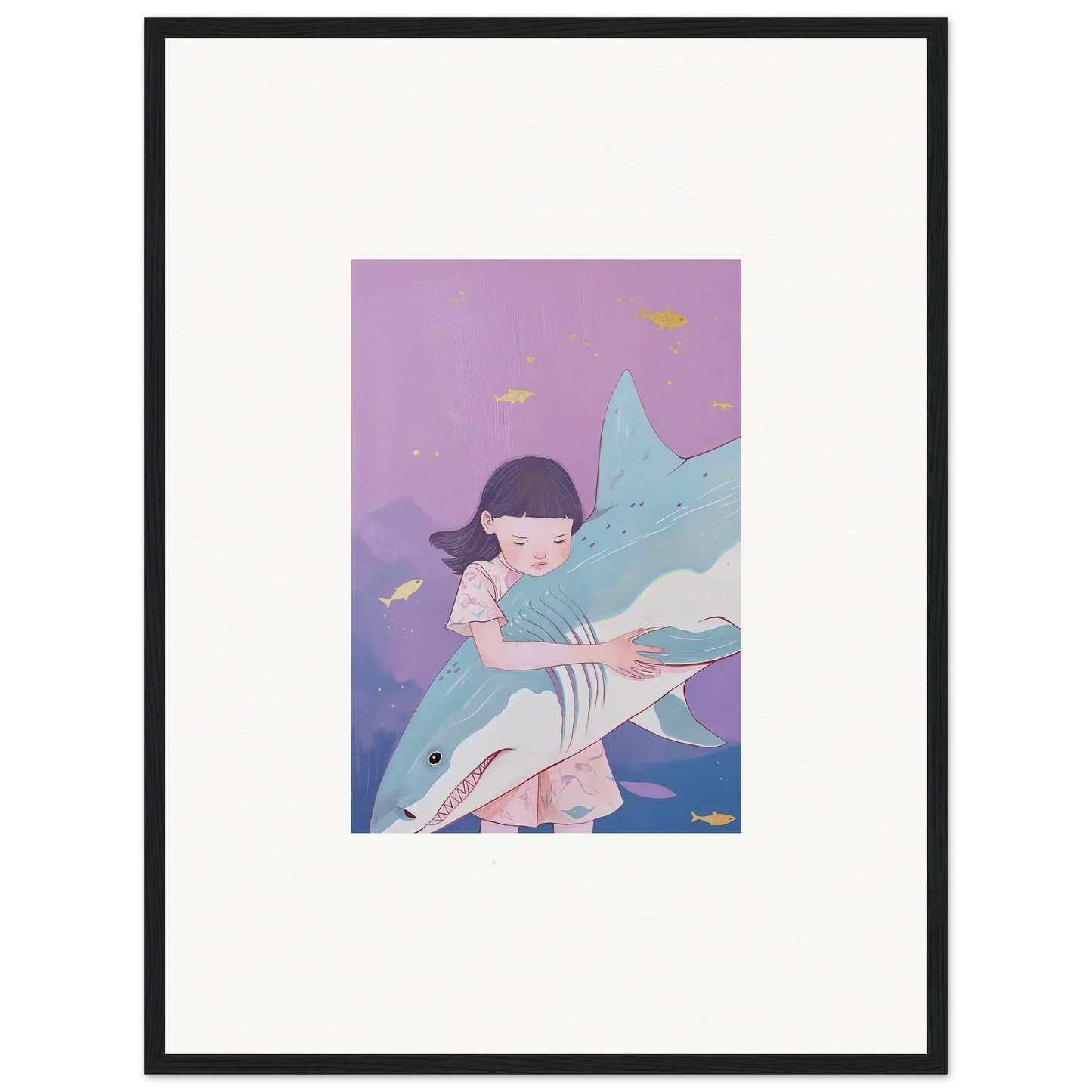 Framed canvas print of a girl hugging a shark in a pastel abyssal dreams scene