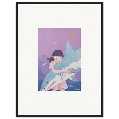 Framed canvas print of a girl hugging a shark in a pastel abyssal dreams scene