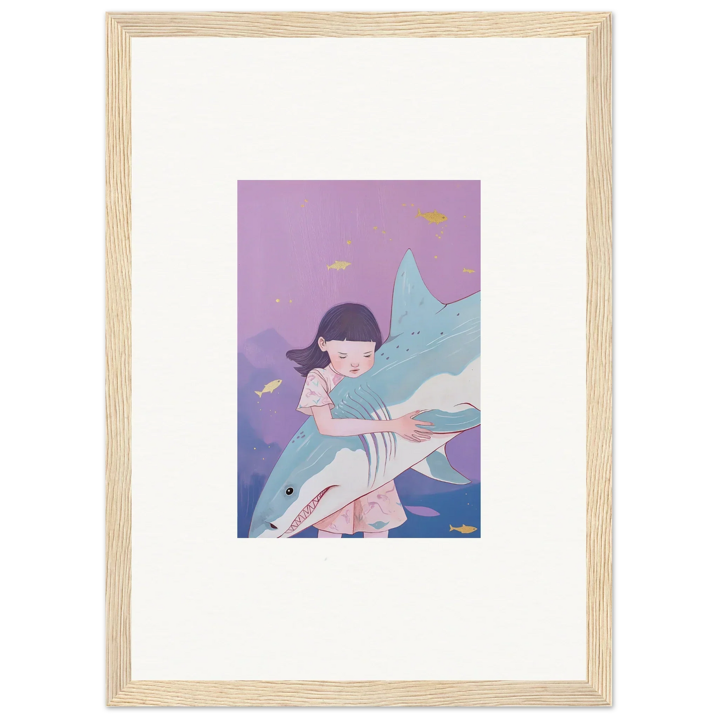 Framed canvas print of a girl hugging a shark for unique room decoration in Abyssal Dreams