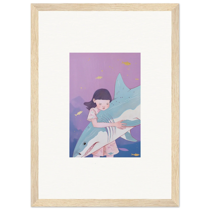 Framed canvas print of a girl hugging a shark for unique room decoration in Abyssal Dreams