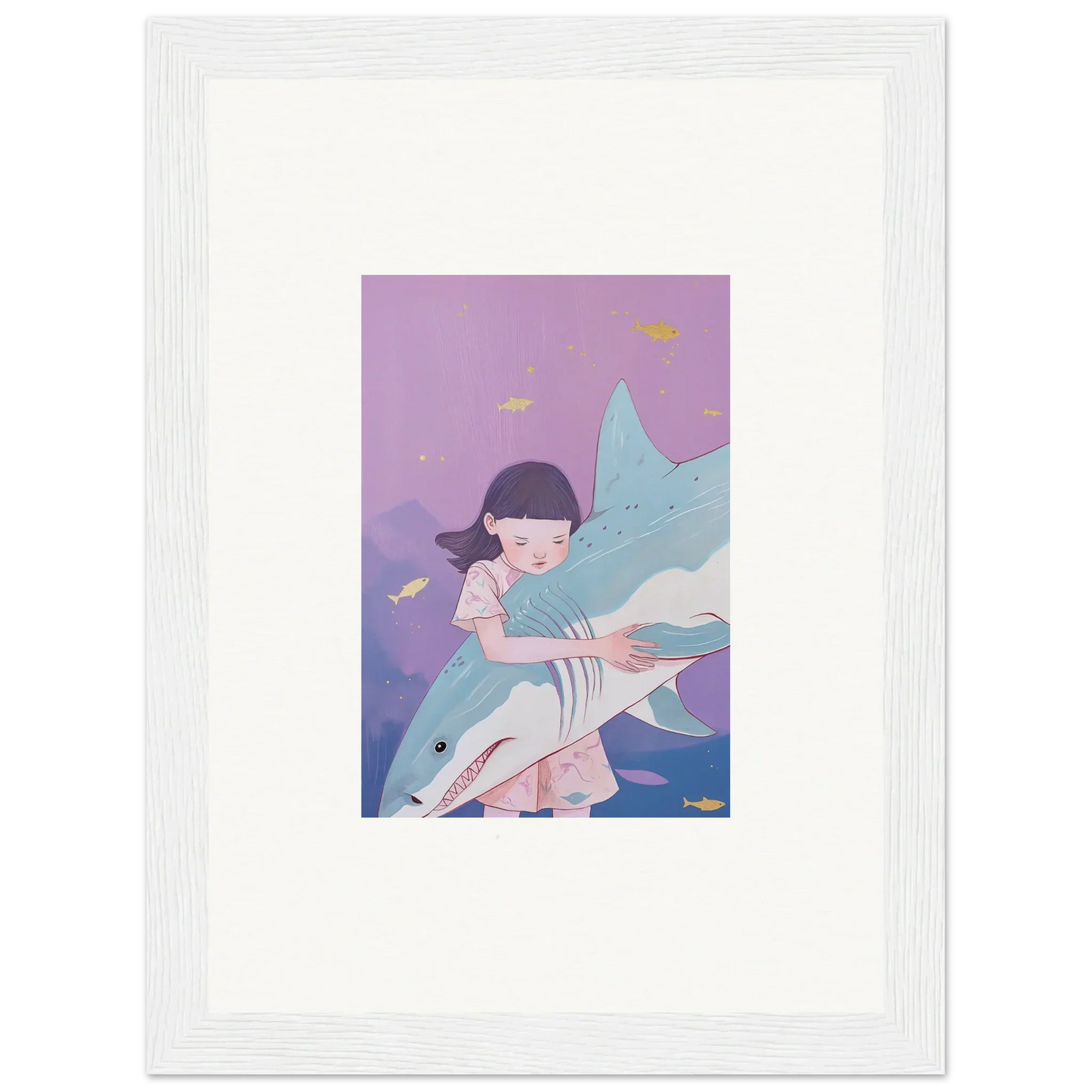 Framed canvas print of a girl hugging a shark for cool room decoration and abyssal dreams