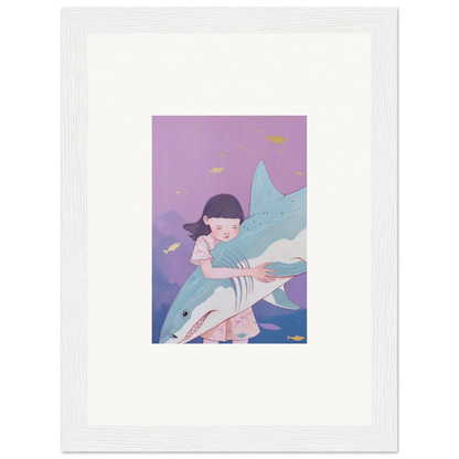 Framed canvas print of a girl hugging a shark for cool room decoration and abyssal dreams