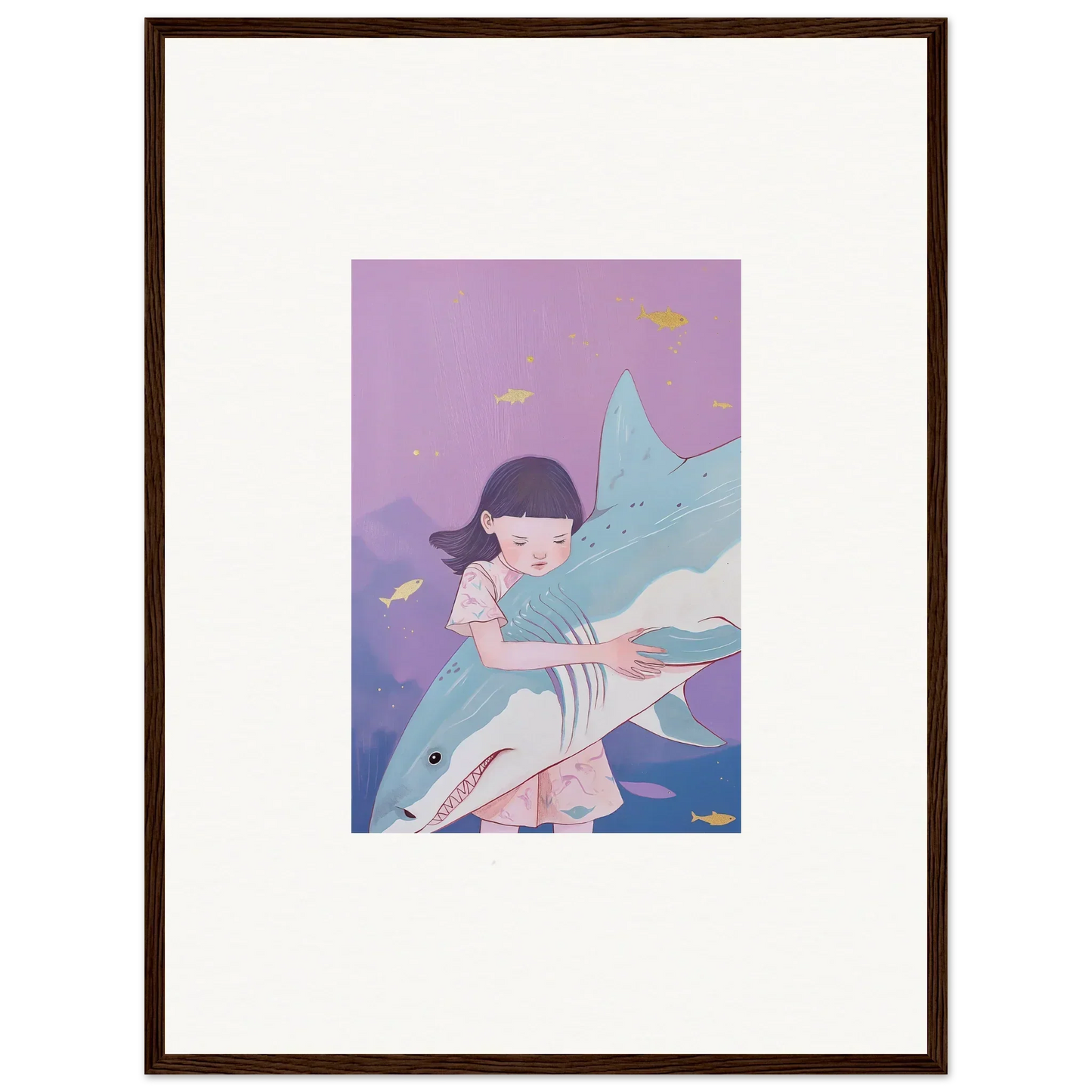 Framed canvas print of a girl hugging a shark in whimsical abyssal dreams art