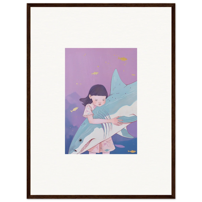 Framed canvas print of a girl hugging a shark in whimsical abyssal dreams art