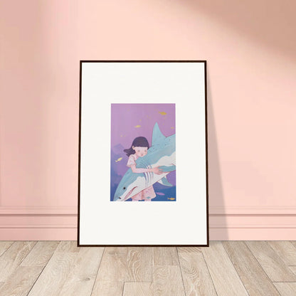 Framed canvas print of a figure embracing a shark, perfect for abyssal dreams room decoration